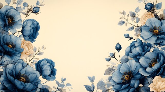 Elegant Blue Floral Border Hand Drawing for Invitations and Brochures with Ample Copy Space