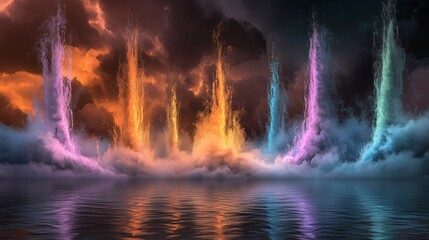 Fototapeta premium Vibrant water fountains illuminated against a dramatic sky.