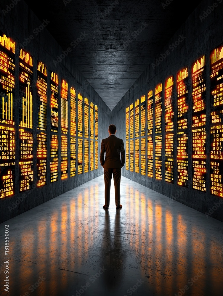 Poster businessman analyzing financial data in modern data center with graphs and digital displays reflecti