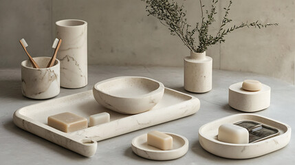 Obraz premium Modern bathroom with stylish accessories and luxury spa decoration, elegant aesthetic interior with warm lighting