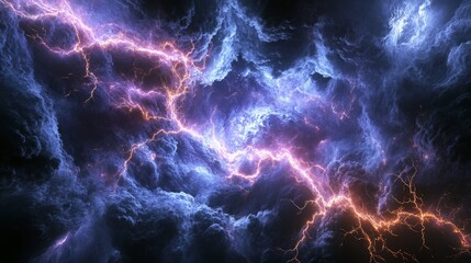 Striking Natural Phenomenon Depicting Vivid Purple and Orange Lightning Bolts Branching Out Across Dense, Stormy Skies with Dramatic Contrast