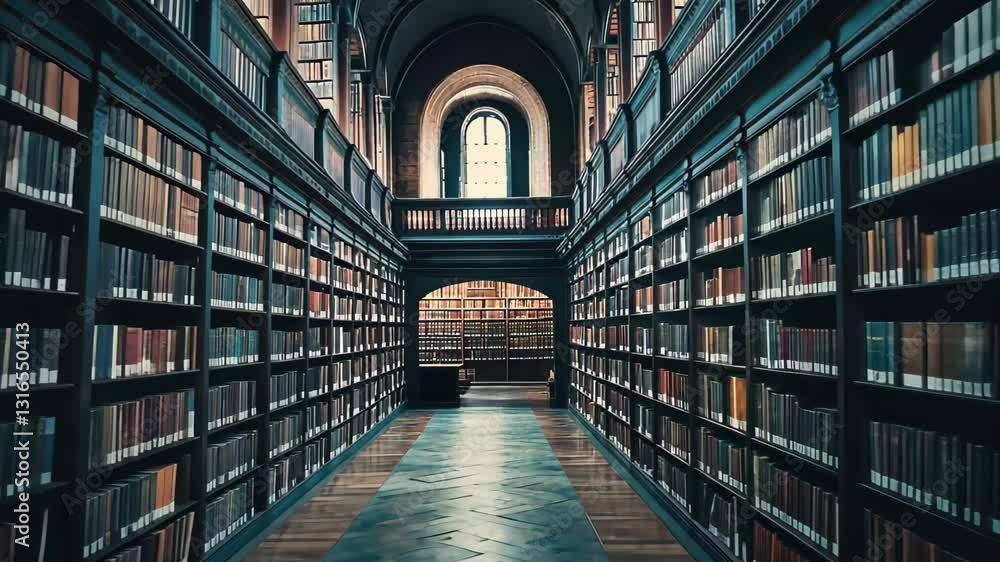 Poster dark atmospheric library showcasing rows of bookshelves and moody lighting, dark atmospheric library