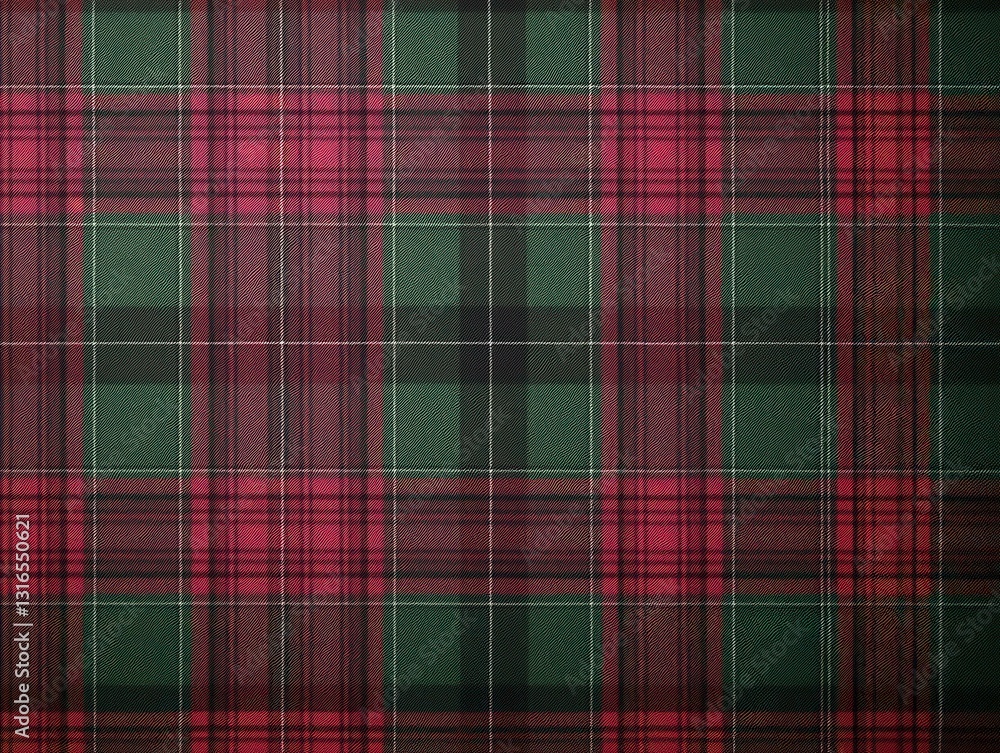 Poster a vibrant tartan pattern featuring red and green squares on a textile background