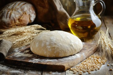 Food prep: dough, oil, wheat, wooden board, light, rustic baking, dark.