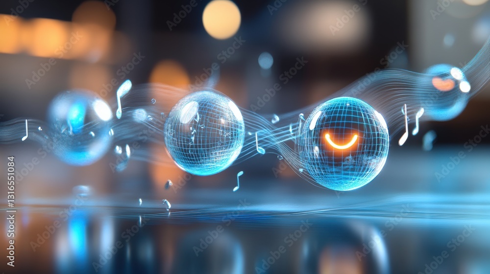 Poster dynamic music visualization with holographic spheres in a modern urban setting abstract digital art 