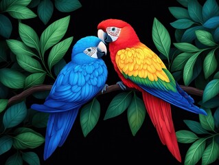 Colorful macaws perched on a branch amidst lush green leaves, showcasing affection