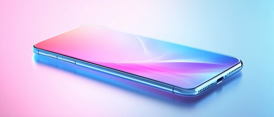 Sleek device with vibrant pink and blue screen on matching colorful surface