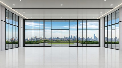 Fototapeta premium Modern Office Space with City Skyline View: 3D Architectural Render AI Generated