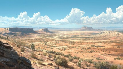 Naklejka premium Panoramic view of a vast, arid desert landscape under a partly cloudy sky.