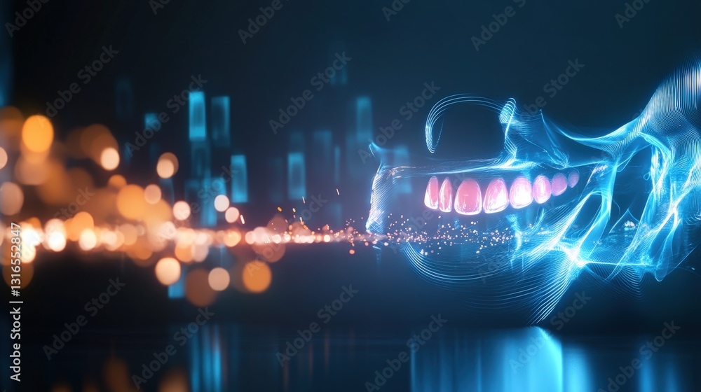 Aufkleber dynamic neon skull visualization digital art futuristic setting close-up view science and technology