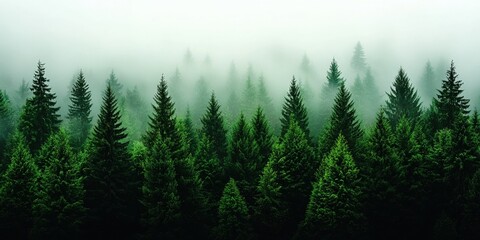 Fototapeta premium Aerial photography of a vast forest covered in morning mist, with sunlight piercing through the fog