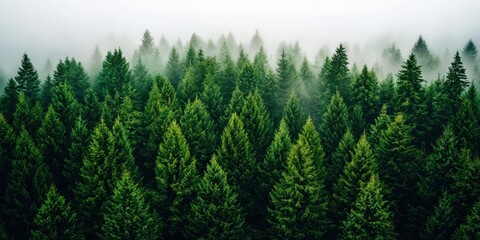 Fototapeta premium Aerial photography of a vast forest covered in morning mist, with sunlight piercing through the fog