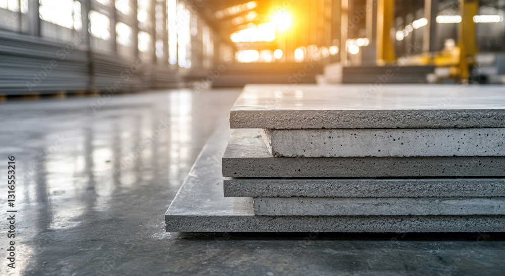 Poster fresh concrete slabs are neatly stacked in a construction warehouse with sunlight streaming through 