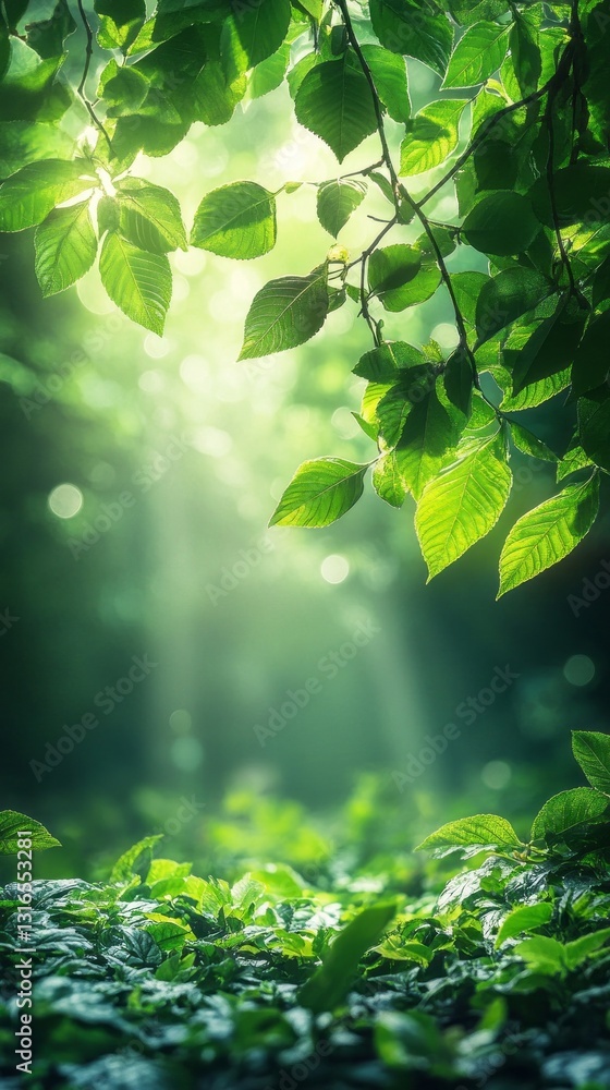Poster sunlight streams gently through lush, green foliage, illuminating a serene forest glade. the rich ca