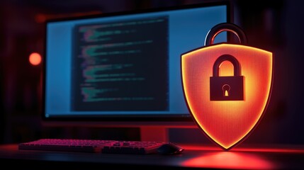 Cybersecurity with digital lock on computer monitor, emphasizing the importance of data privacy and encryption for secure computing.
