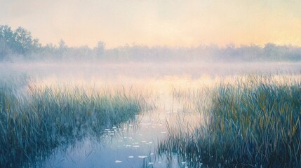 Misty sunrise over calm lake with tall grass.