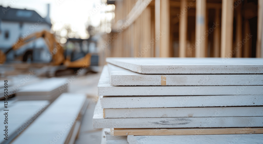 Poster white concrete slabs are neatly stacked on a construction site in preparation for upcoming building 