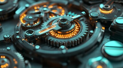 Intricate mechanism of gears and components illuminated by radiant light