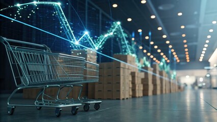 Visual representation of big data in e-commerce featuring a shopping cart positioned in a warehouse setting
