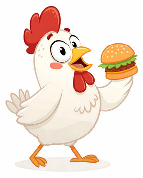 Naklejki Cute Chicken Cartoon Mascot Holding a Fresh Hamburger, Vector Illustration for Logo Design, Fast Food Clip Art, Print Ads, Billboards, and T-Shirt Screen Printing Projects