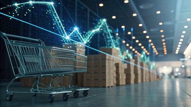 Visual representation of big data in e-commerce featuring a shopping cart positioned in a warehouse setting