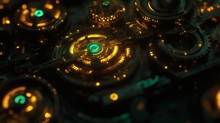 Intricate Machinery Gears, Glowing Elements and Complex Engineering Design