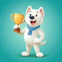 Adorable Smiling White Dog Holding Golden Trophy with Star Emblem, Cartoon Vector Mascot for Victory Celebrations, Posters, Banners, and Screen Printed Apparel