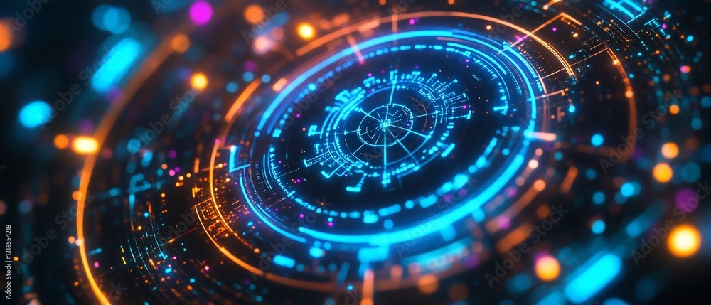 Poster futuristic data visualization showing glowing circular digital structure in dark space
