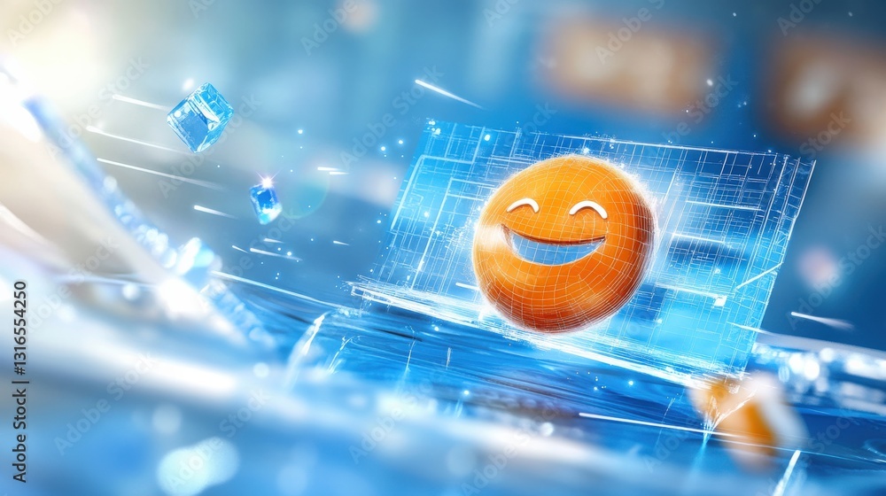 Poster joyful digital emotions virtual workspace 3d animation futuristic environment close-up view positive