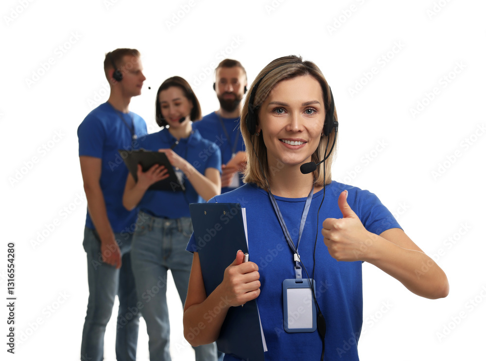 Poster technical support call center. team of friendly operators on white background