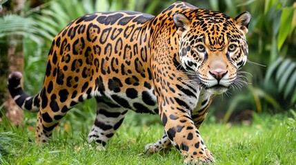 Obraz premium Captivating jaguar portrait amidst lush greenery, showcasing its majestic aura