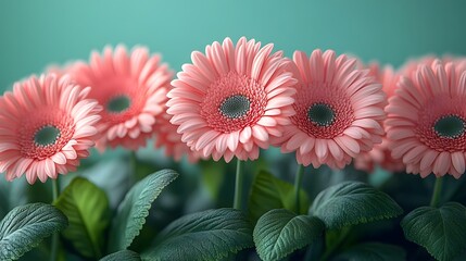 Festive Arrangement of Bright Pink Gerbera Flowers with Green Leaves on a Pastel Green Background for Celebrations