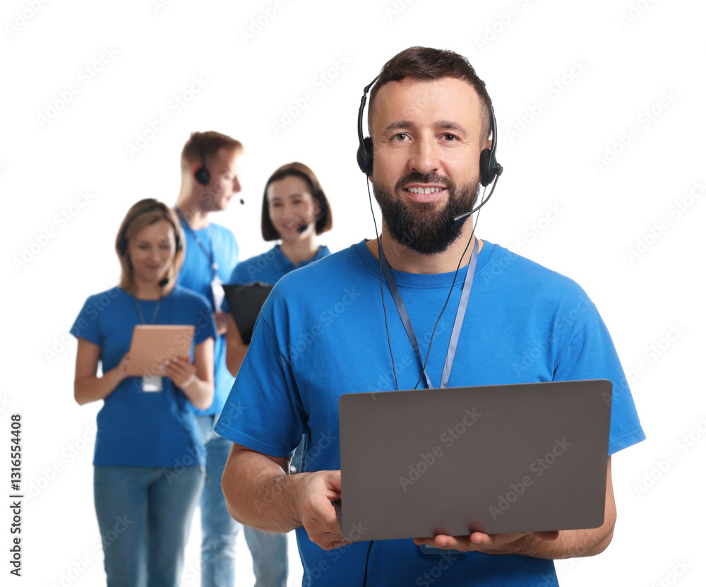Poster technical support call center. team of friendly operators on white background