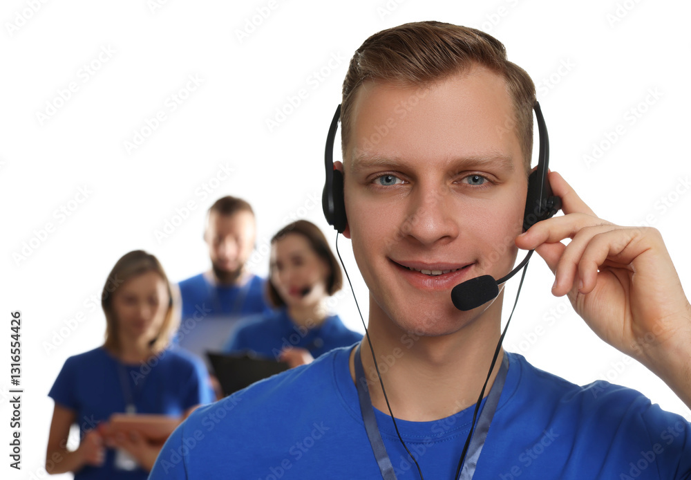 Poster technical support call center. smiling operator on white background, selective focus