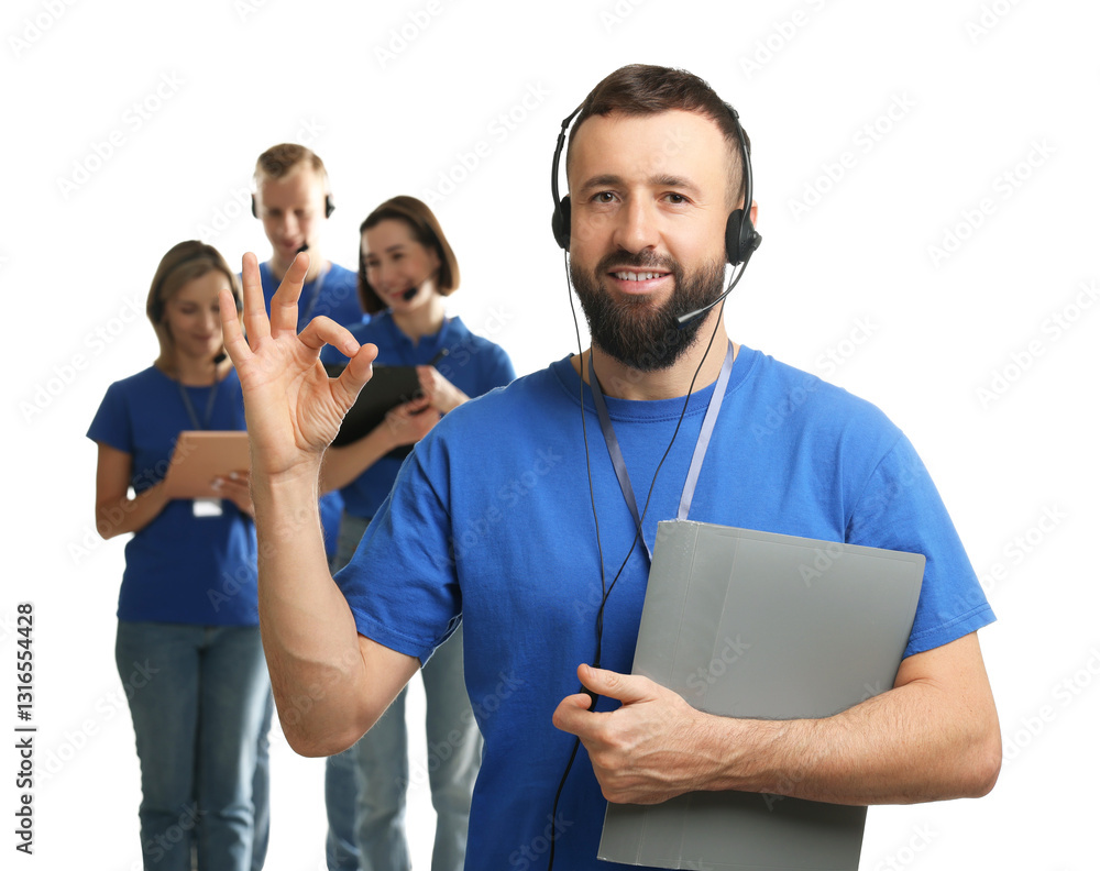 Poster technical support call center. team of friendly operators on white background