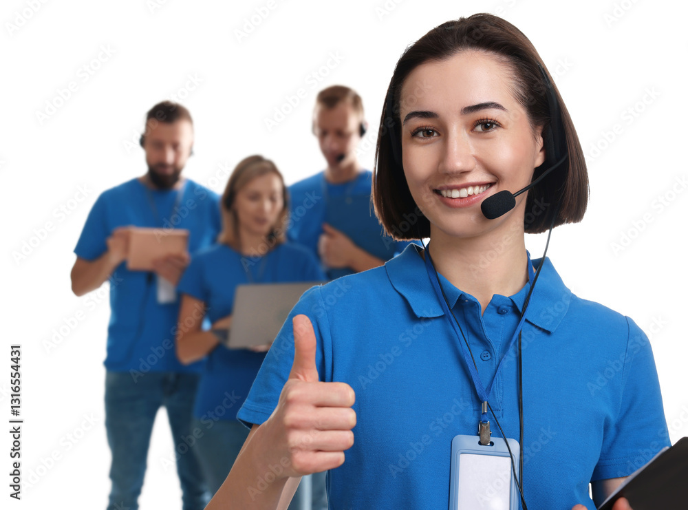 Poster technical support call center. team of friendly operators on white background