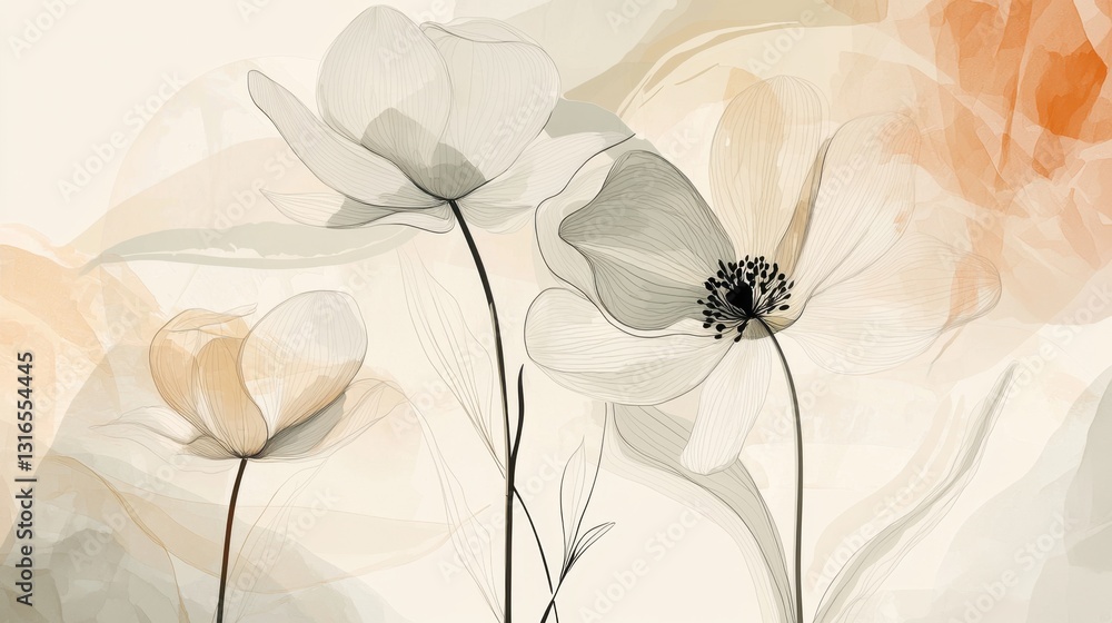 Aufkleber delicate flowers are showcased with a blend of soft colors and intricate lines, creating a calming a