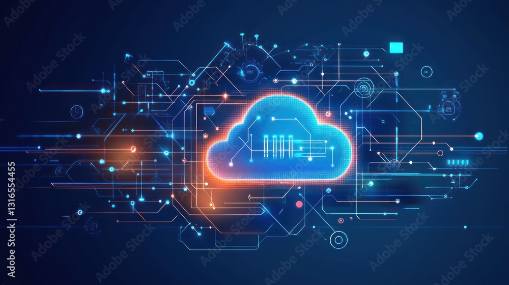 Poster a vibrant digital illustration of a cloud symbolizing data storage and technology, surrounded by int