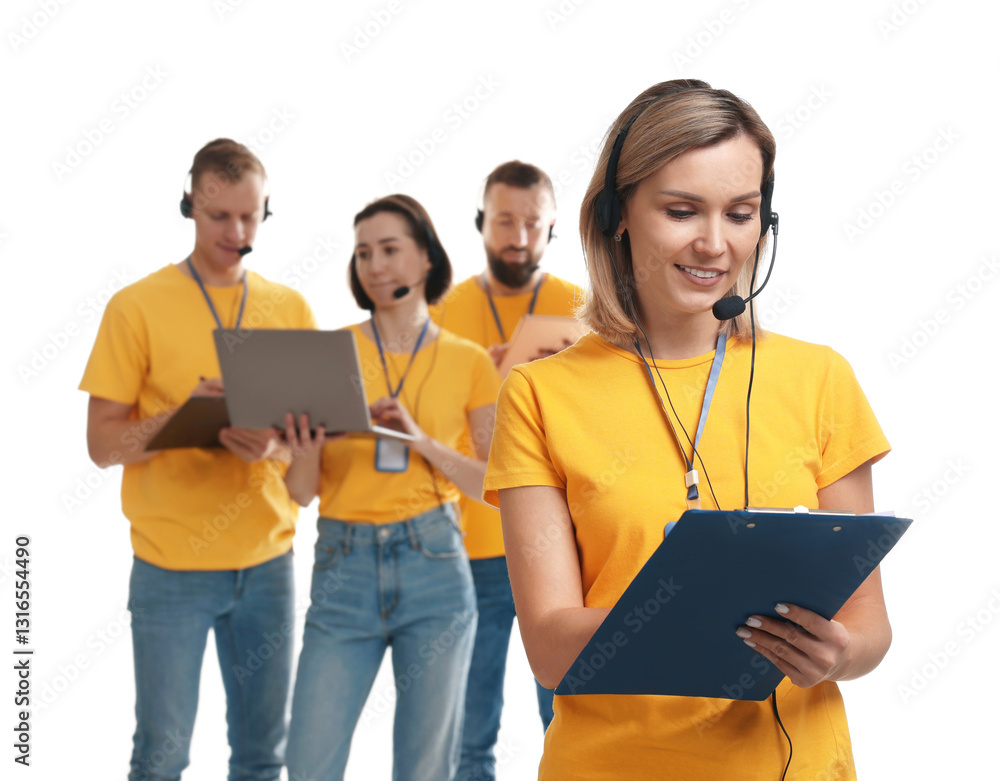 Poster technical support call center. team of friendly operators on white background