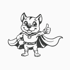 dog characters, one standing in superhero cape, little rottweiler dog cartoon giving thumb up. minimalist head logo, Icon, element. silhouette Vector illustration