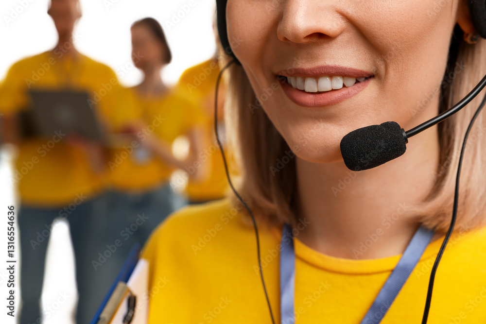 Poster technical support call center. smiling operator on white background, closeup