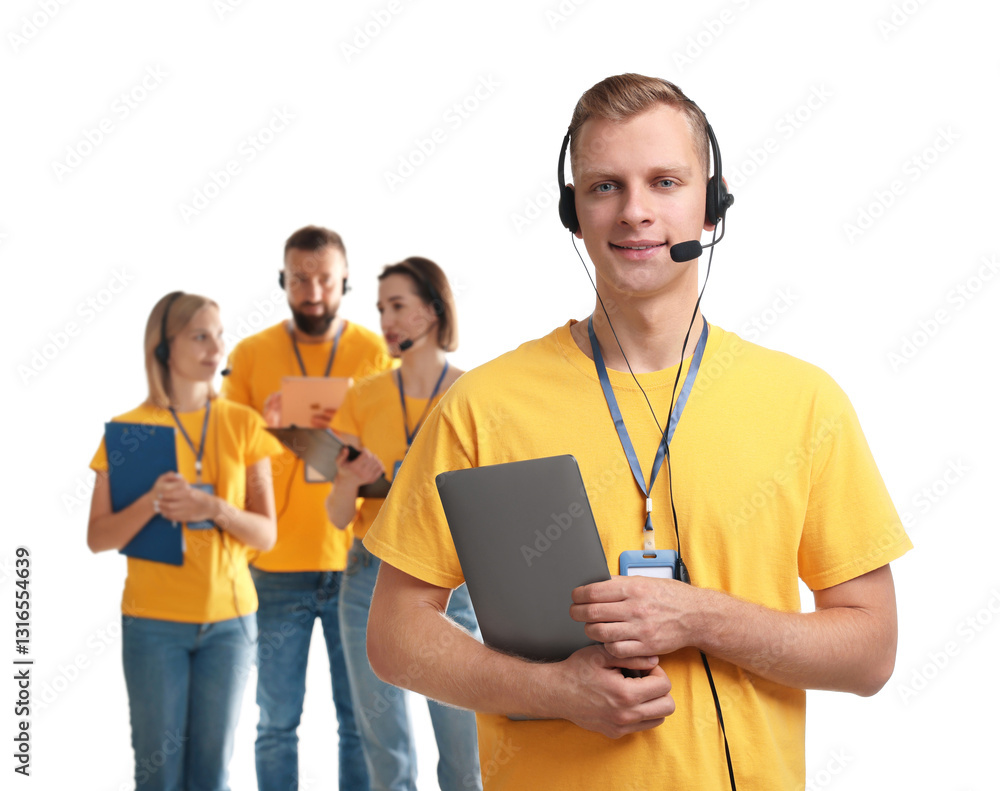 Poster technical support call center. team of friendly operators on white background