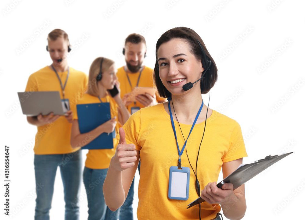 Poster technical support call center. team of friendly operators on white background