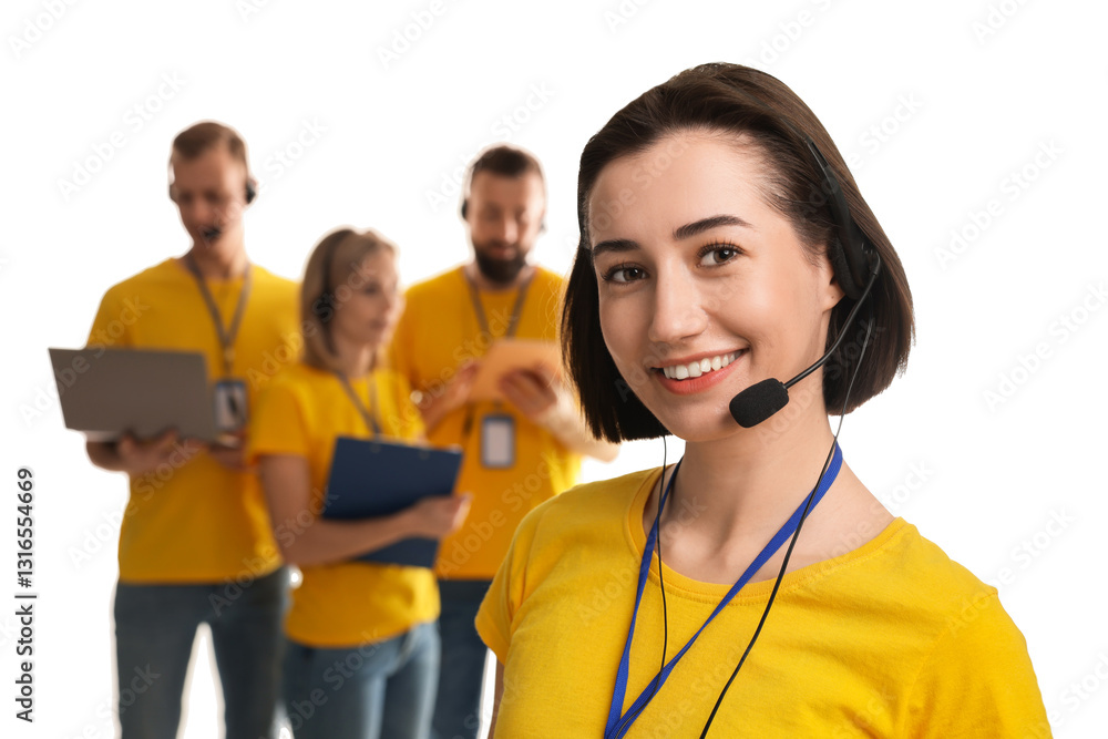 Poster technical support call center. team of friendly operators on white background