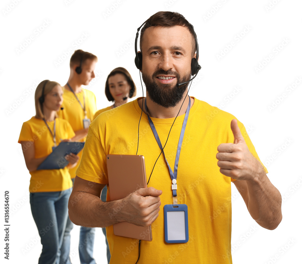 Poster technical support call center. team of friendly operators on white background
