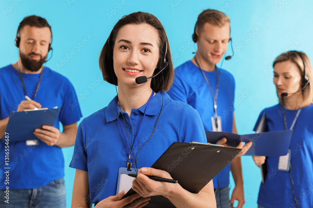 Poster technical support call center. team of friendly operators working on light blue background