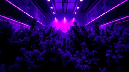Lush Purple Garden Under Lights: A mesmerizing view of a flourishing plant garden under intense purple and pink lighting. The scene showcases an environment cultivated for growth.