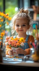 Heartwarming Moment of a Child Making a Unique Mother's Day Card with Colorful Flowers and Creative Supplies