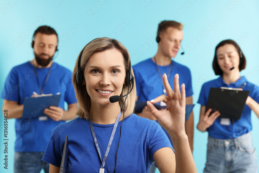 Poster technical support call center. team of friendly operators on light blue background