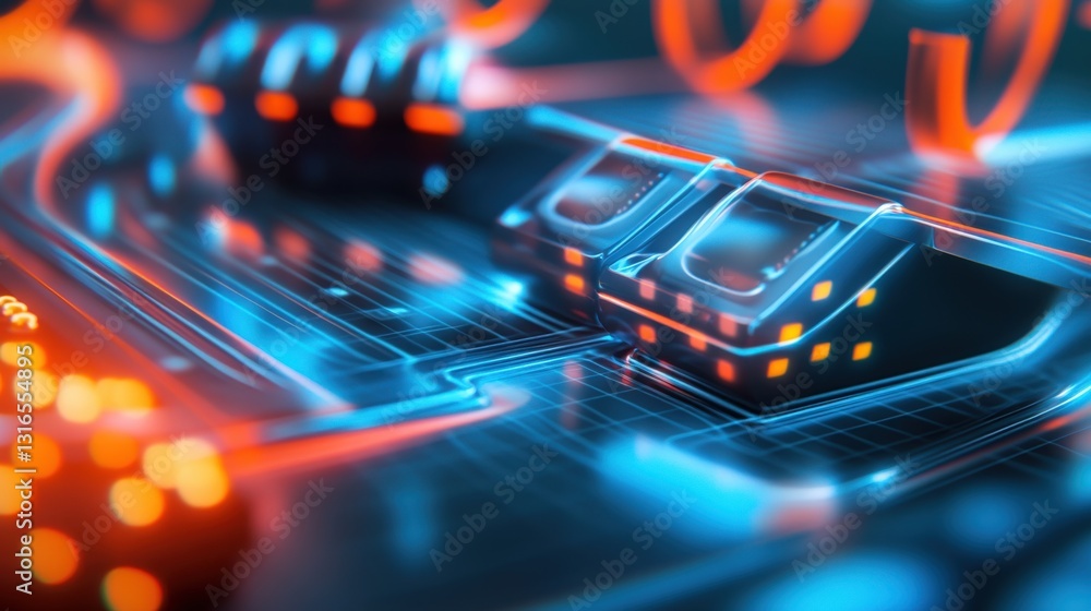 Poster futuristic circuitry animation digital realm visual content neon environment close-up view technolog